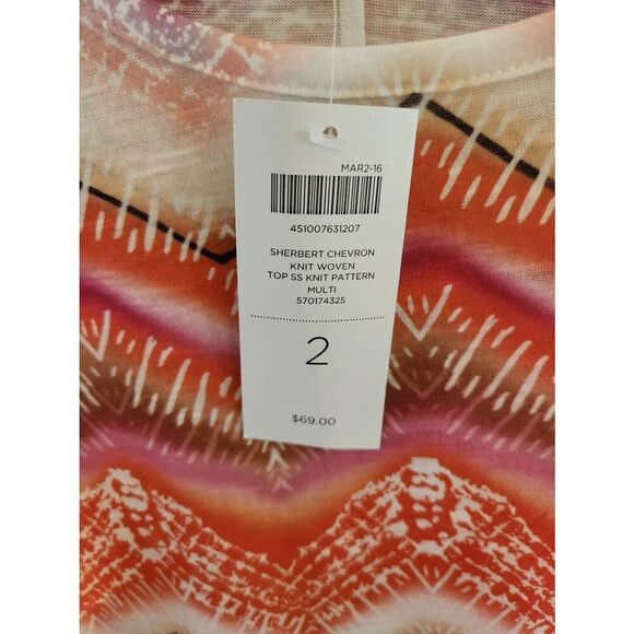 NWT Chico’s Top Womens Size 2 Multicolor Sherbert Chevron Round Neck Casual Core - Picture 3 of 4